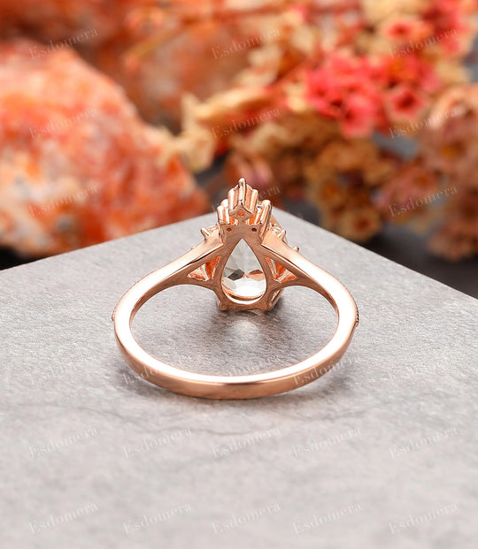 7x10mm Pear Cut Green Crystal Promise Ring For Her, Moissanites Accents Engagement Ring For Women, 14k Rose Gold Mligrain Split Shank Anniversary Ring - Esdomera