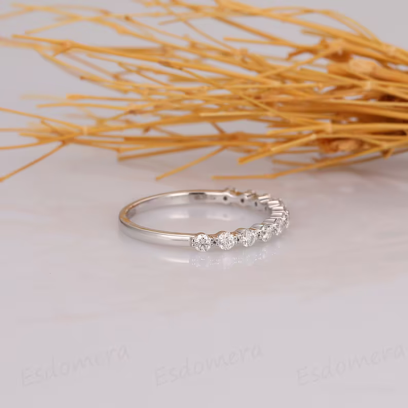 Delicate Round Moissanite Wedding Band, 14K White Gold Moissanite Engagement Band, Promise Ring