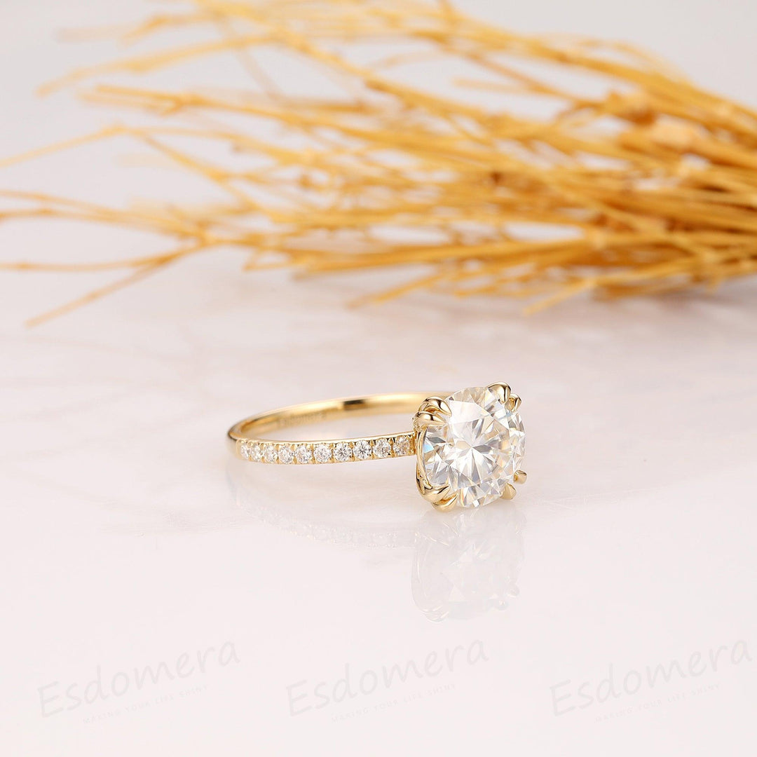 8mm Round Cut Moissanite Engagement Ring, 14K Yellow Gold Women's Ring - Esdomera