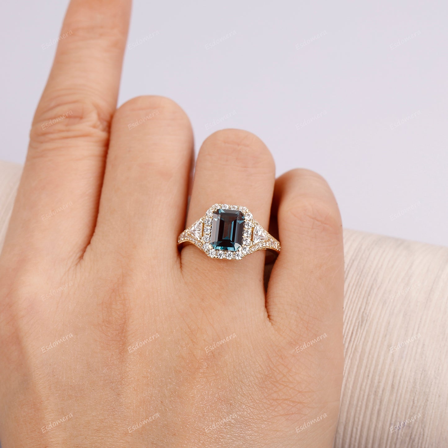 Vintage Art Deco Emerald Cut 2CT Alexandrite Engagement Ring, Simulated Diamonds Halo Ring
