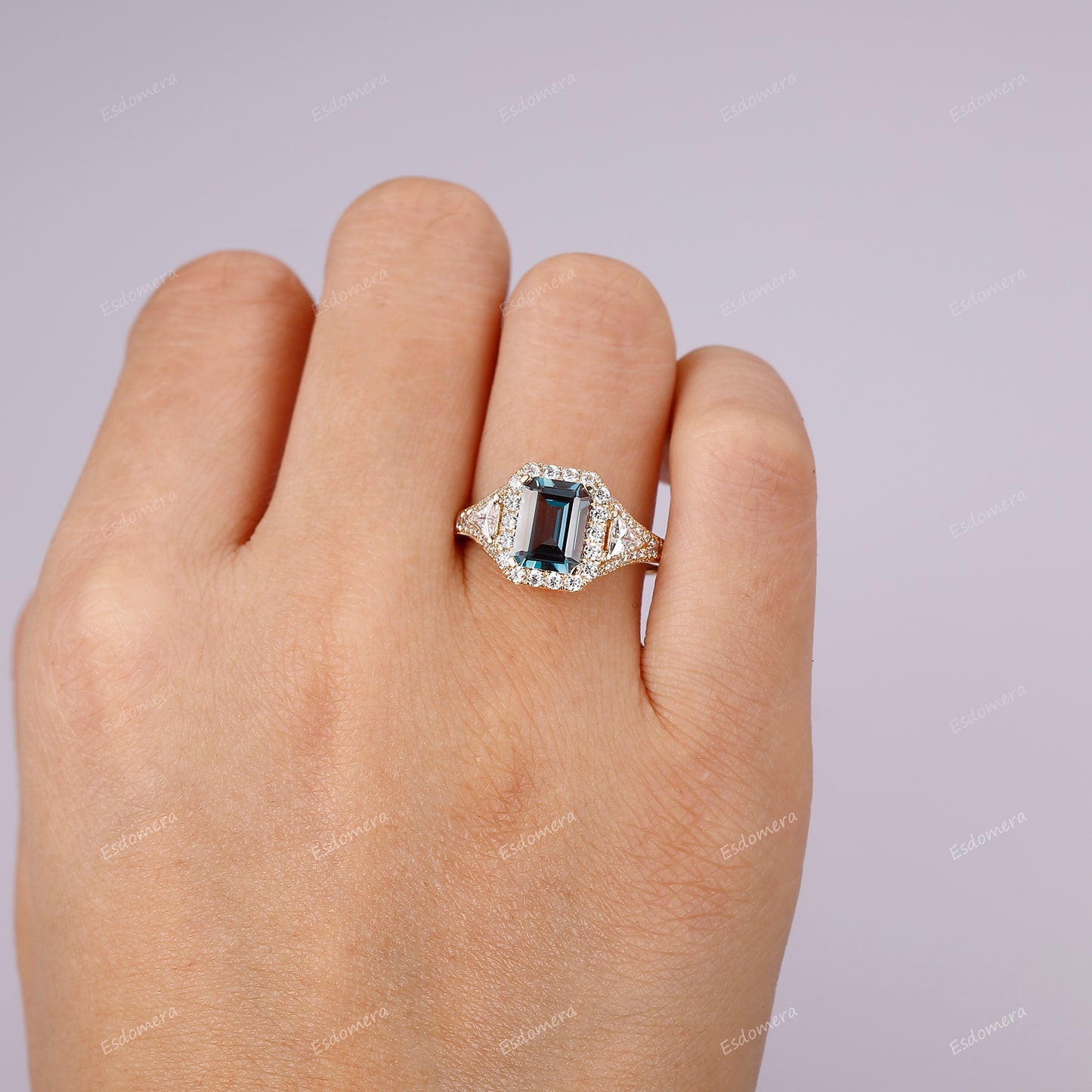 Vintage Art Deco Emerald Cut 2CT Alexandrite Engagement Ring, Simulated Diamonds Halo Ring