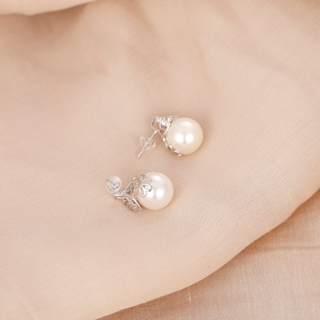 Simulated Diamond Earrings, Natural Shell Pearl 12mm Studs Earrings, Art Deco Silver Earrings