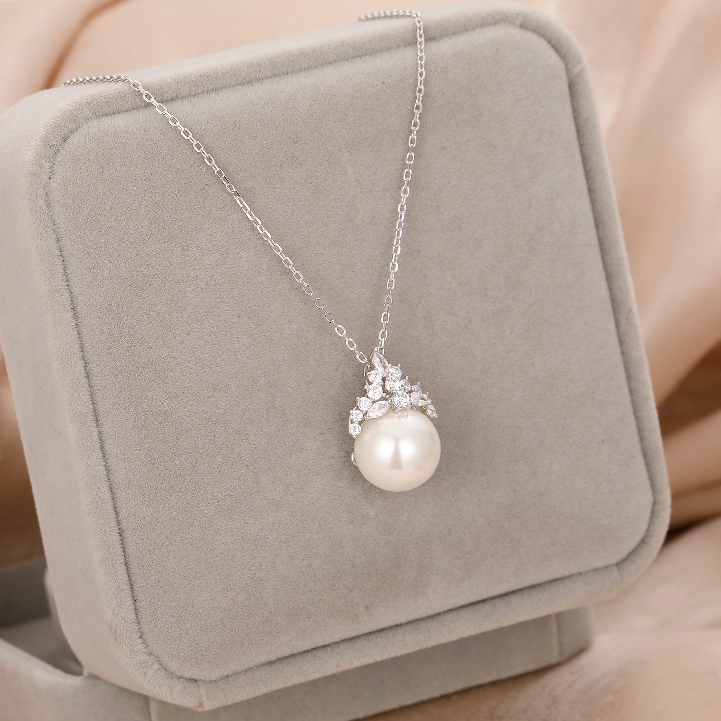 Sterling Silver Necklace, 12mm Round Natural Shell Pearl Necklace, Simulated Diamond Jewelry, Birthday Gifts
