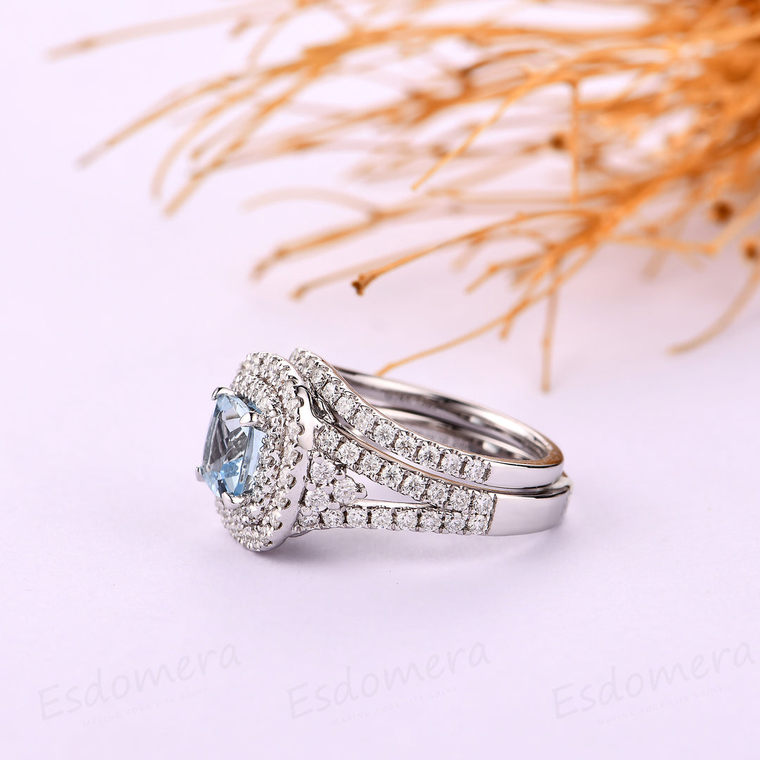 Aquamarine Wedding Set, Cushion Cut 1CT Aquamarine Engagement Ring, Double Halo 14k White Gold Accents Aquamarine Wedding Bridal Set