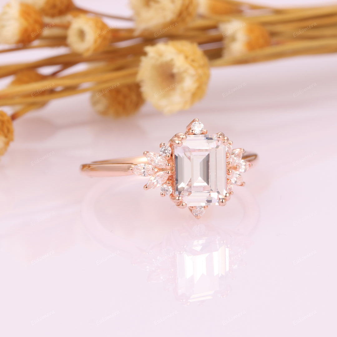Vintage 6x8mm Emerald Cut Moissanite Engagement Ring Set, Art Deco 14k Rose Gold Cluster Ring, Elegant Promise Ring For Her