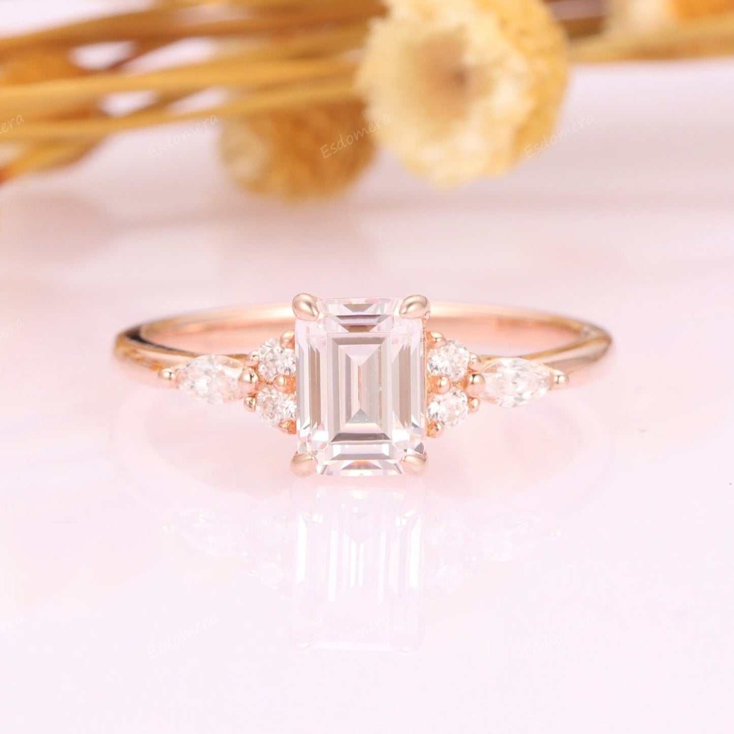 Vintage 5x7mm Emerald Cut Moissanite Wedding Proposal Ring, Art Deco Moissanites Cluster  Ring, 14k Rose Gold Promise Engagement Ring