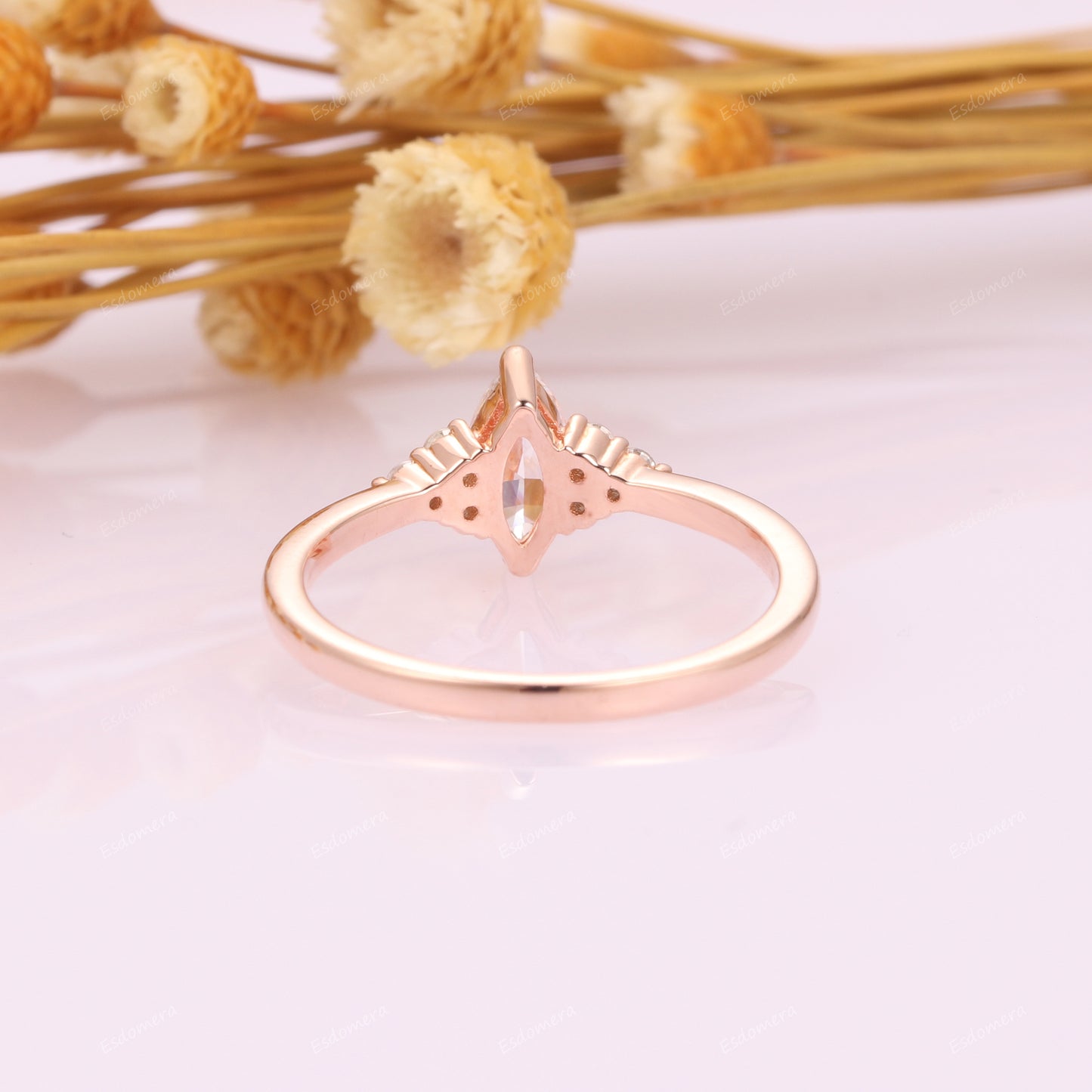 Art Deco 4x8mm Marquise Cut Moissanite Ring, Round Moissanites Cluster Engagement Ring, 14k Rose Gold Tapered Shank Bridal Ring For Her