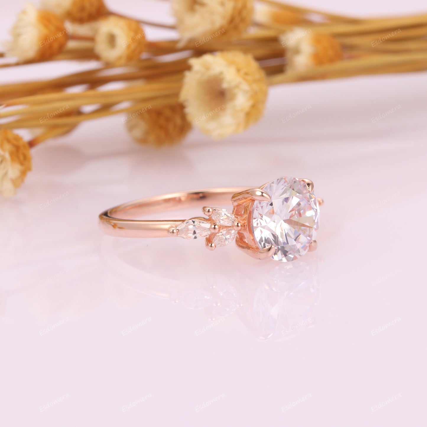 Round Cut 2CT Moissanite Engagement Ring For Her, 14k Rose Gold Women's Bridal Ring, Marquise Moissanites Cluster Promise Ring