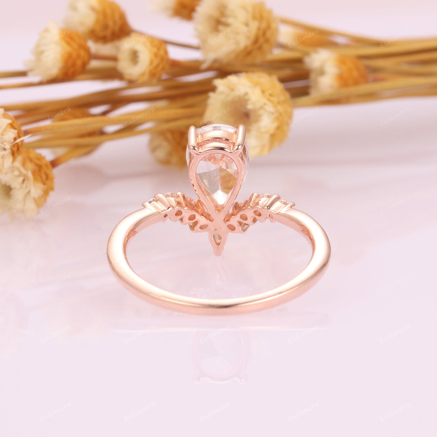Art Deco 1.5 CT Pear Cut Moissanite Wedding Ring, 14k Rose Gold V Shape Promise Engagement Ring, 0.24ctw Moissanites Accents Valentine Ring For Lover