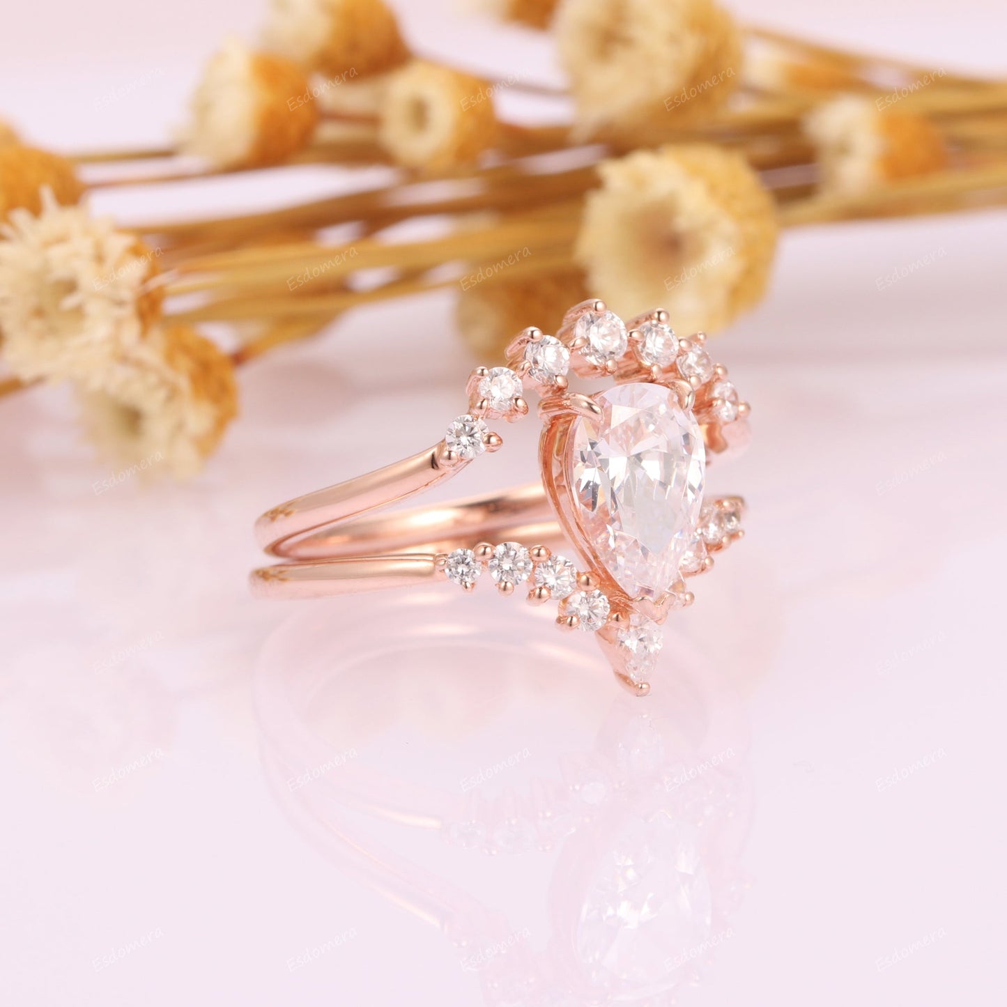 2pcs Vintage 14k Rose Gold Bridal Ring Sets, 1.5CT Pear Cut Moissanite Engagement Ring For Her, Moissanites Accents Curved Shank Promise Wedding Band