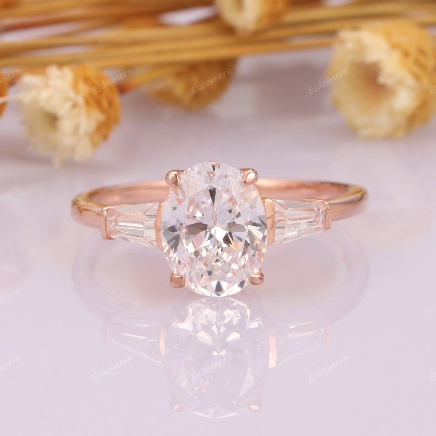 14k Rose Gold Unique Engagement Ring For Her, Art Deco 2CT 7x9mm Oval Cut Moissanite Promise Ring