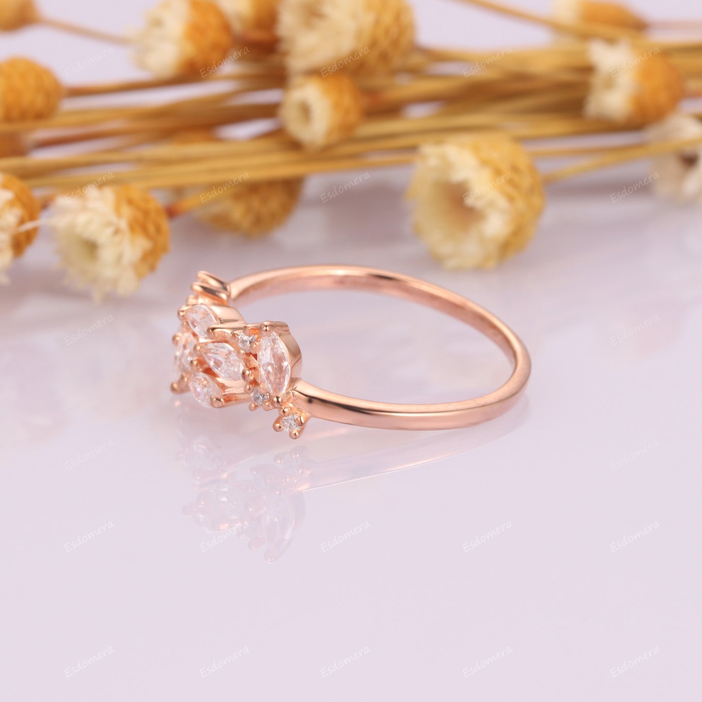 Unique 0.53ctw Moissanites Cluster Ring, Art Deco 14k Rose Gold Wedding Engagement Ring
