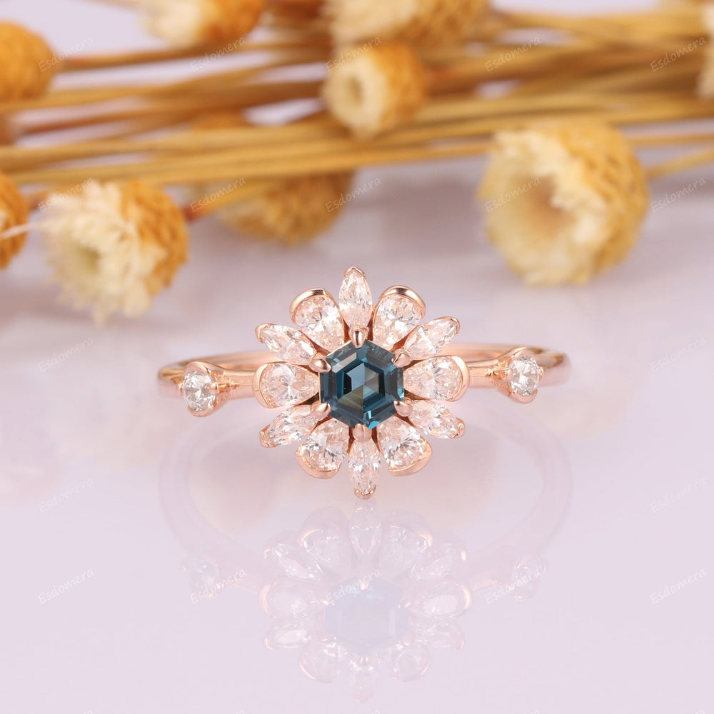 Art Deco Floral Halo Gold Ring, Unique Hexagon Cut London Blue Topaz Engagement Ring