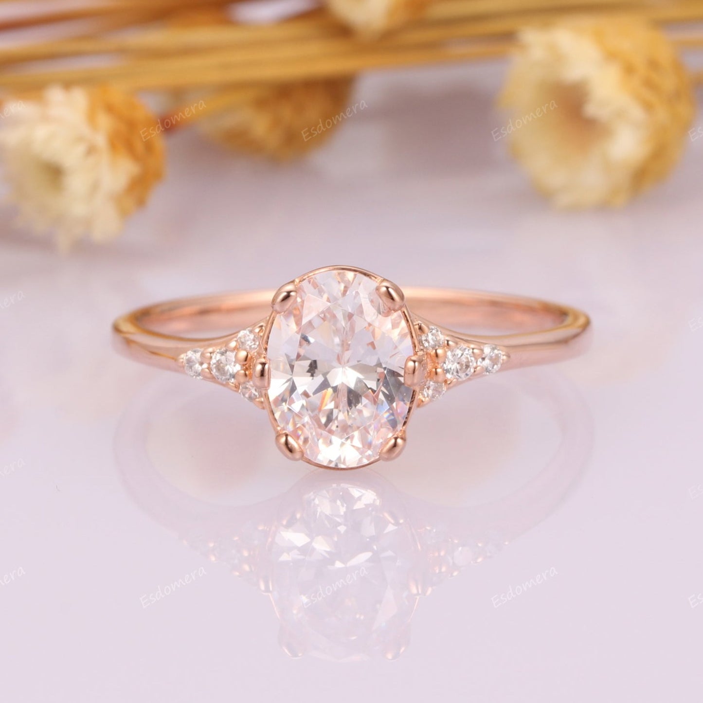 6x8mm Oval Cut Moissanite Bridal Ring For Lover, 14k Rose Gold Tapered Band Promise Ring, Moissanites Cluster Engagement Ring For Women