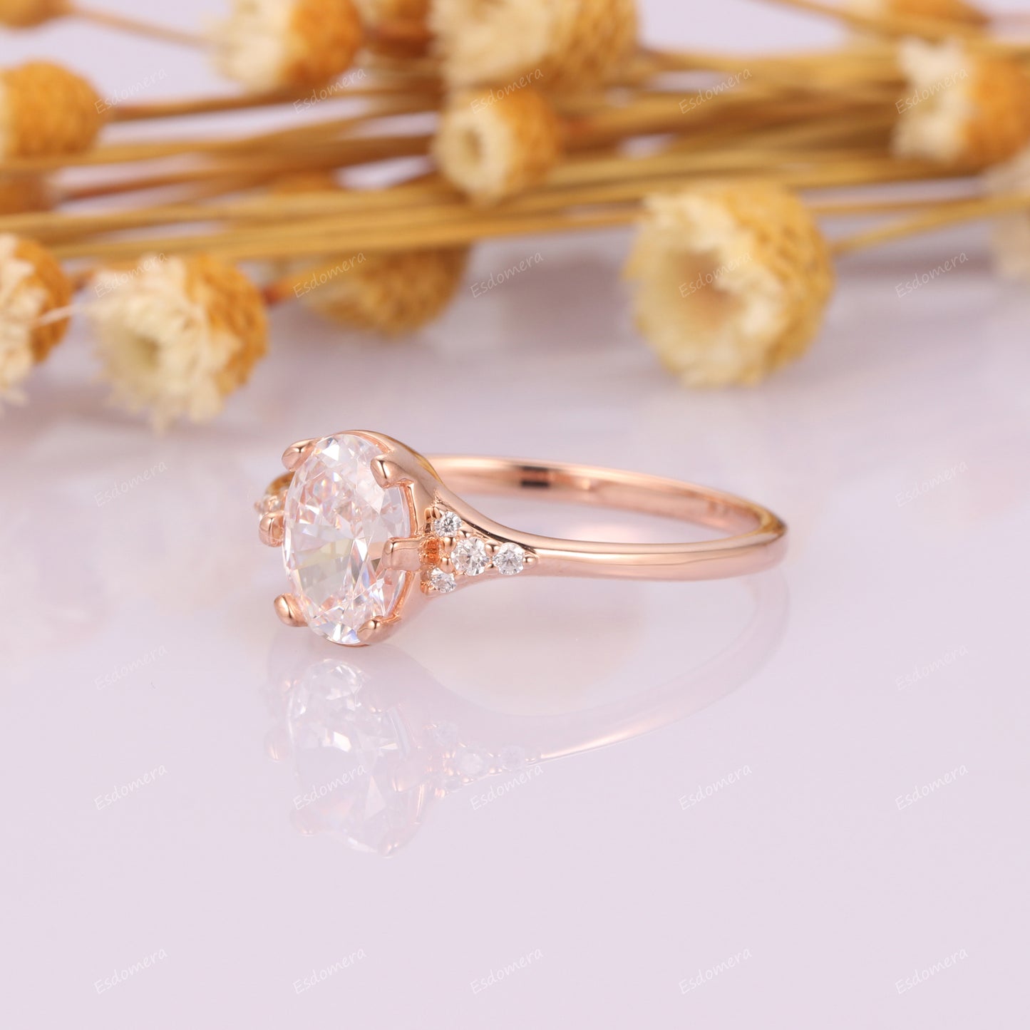 6x8mm Oval Cut Moissanite Bridal Ring For Lover, 14k Rose Gold Tapered Band Promise Ring, Moissanites Cluster Engagement Ring For Women