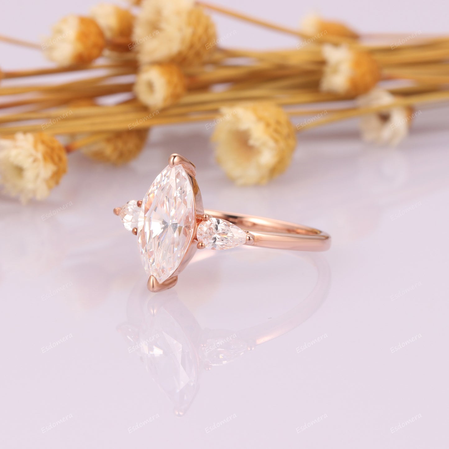 Vintage 14k Rose Gold Triple Stone Engagement Ring, 6x12mm Marquise Cut Moissanite  Promise Ring, Pear Moissanites Accents Bridal Ring For Lover