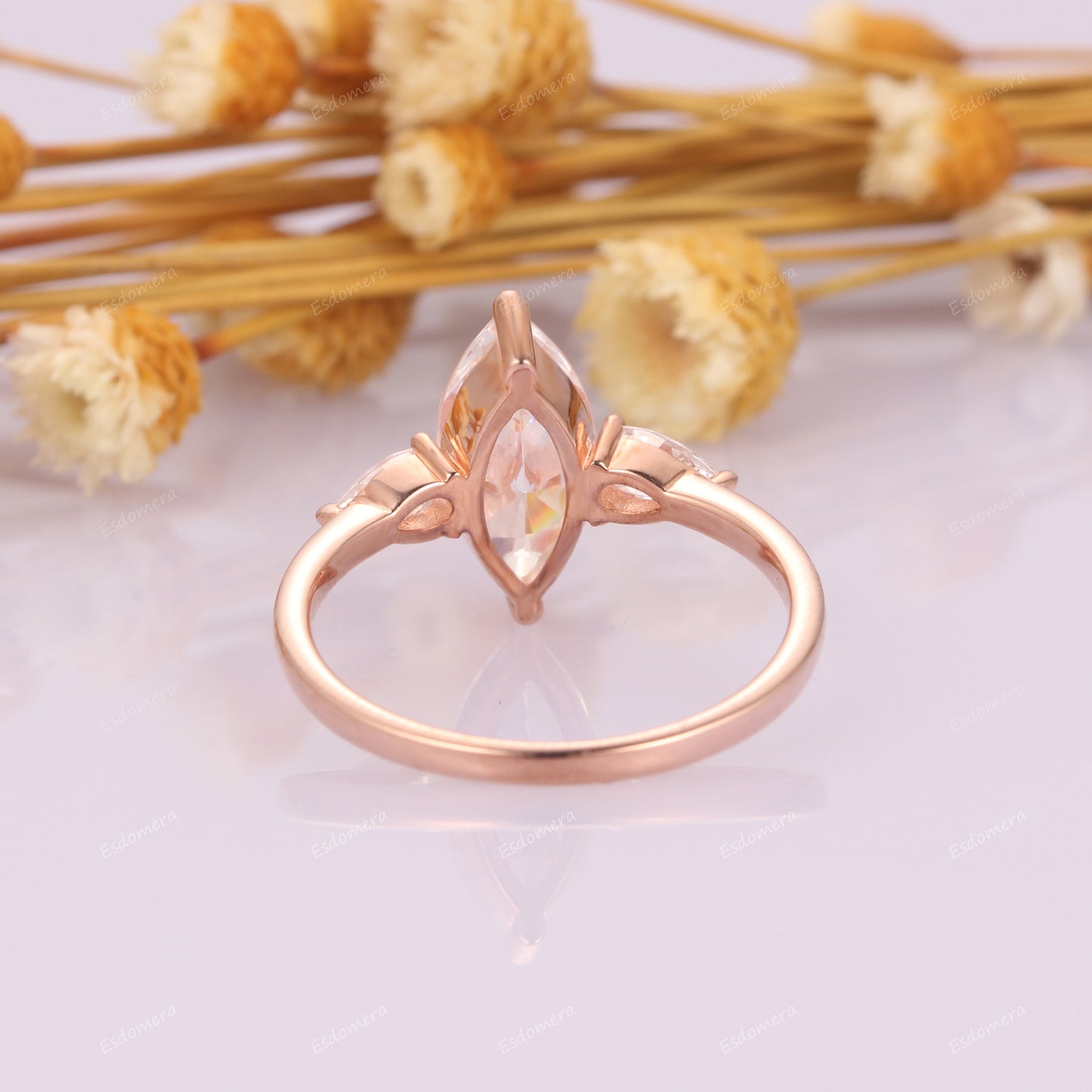 Vintage 14k Rose Gold Triple Stone Engagement Ring, 6x12mm Marquise Cut Moissanite  Promise Ring, Pear Moissanites Accents Bridal Ring For Lover