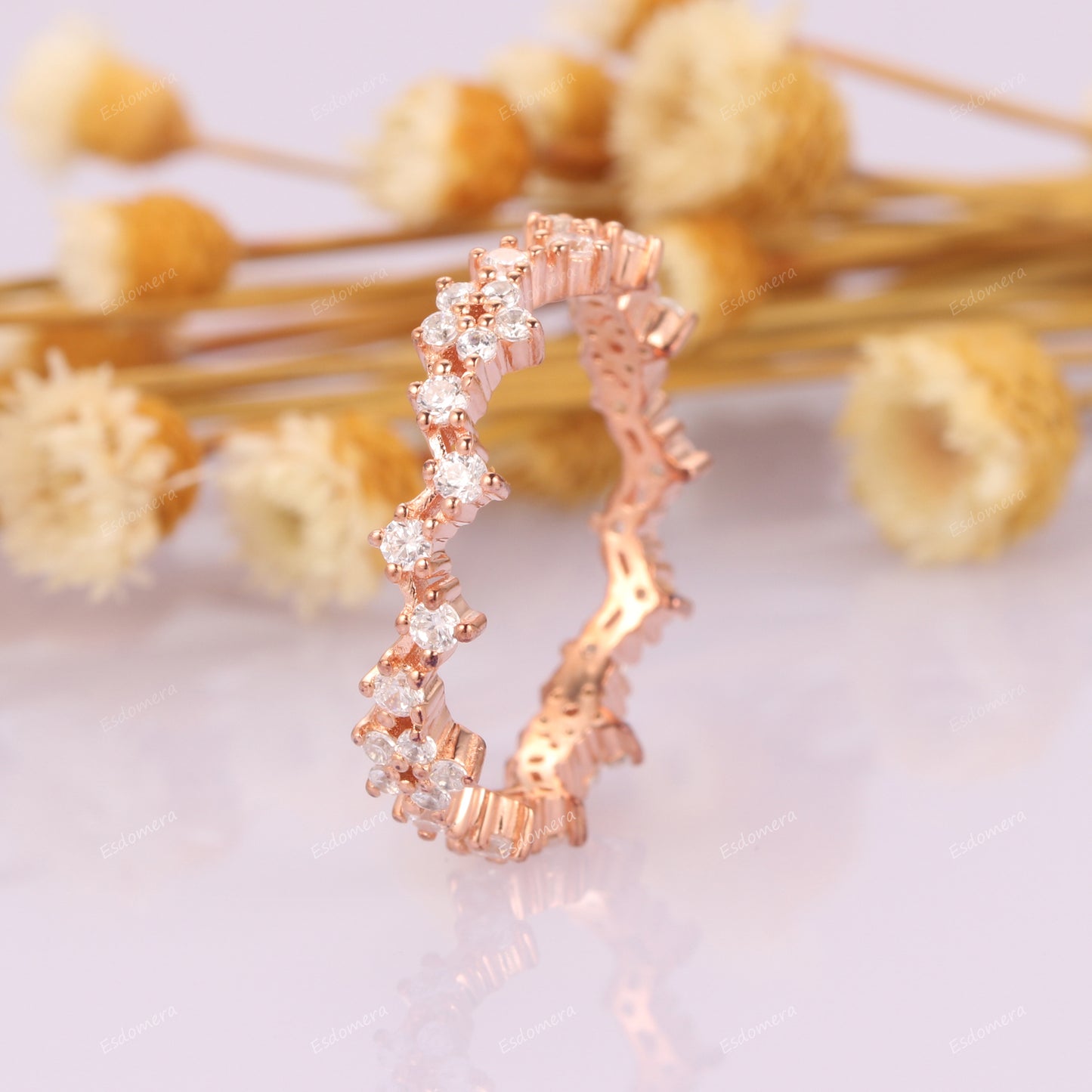 Art Deco 0.6ctw Round Cut Moissanites Cluster Ring, 14k Rose Gold Full Eternity Promise Wedding Band, Vintage Anniversary Gift For Girlfriend