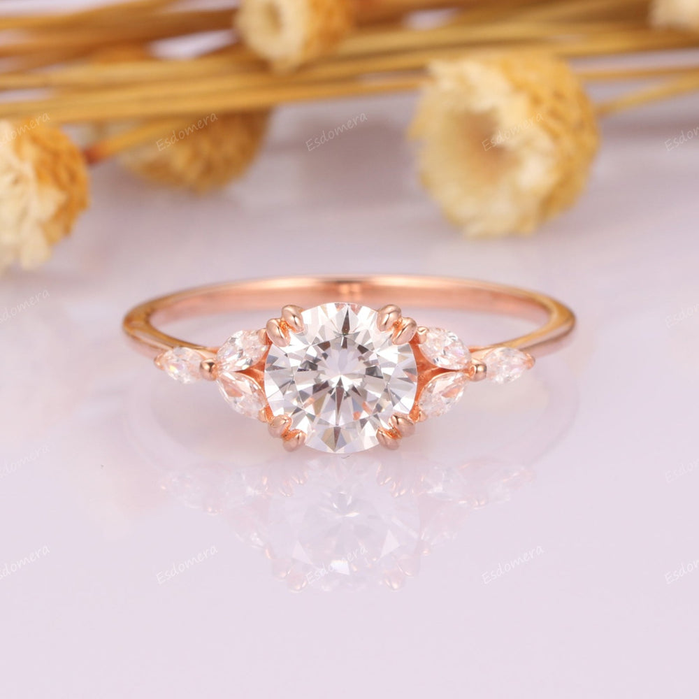 Double Prongs 1CT Round Cut Moisssanite Promise Anniversary Ring, Marquise Cut Moissanites Cluster Engagement Ring, 14k Rose Gold Birthday Gift For Her