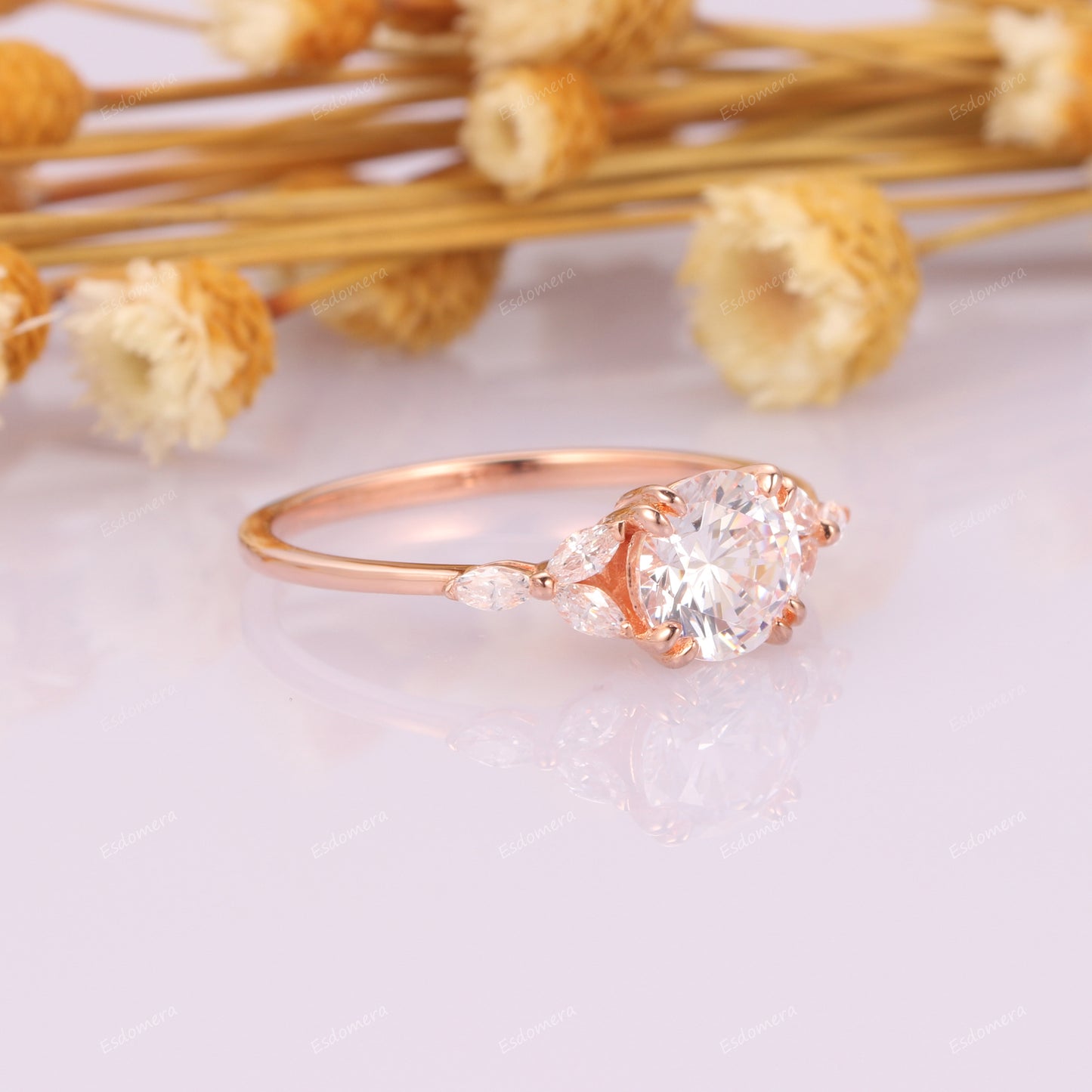 Double Prongs 1CT Round Cut Moisssanite Promise Anniversary Ring, Marquise Cut Moissanites Cluster Engagement Ring, 14k Rose Gold Birthday Gift For Her