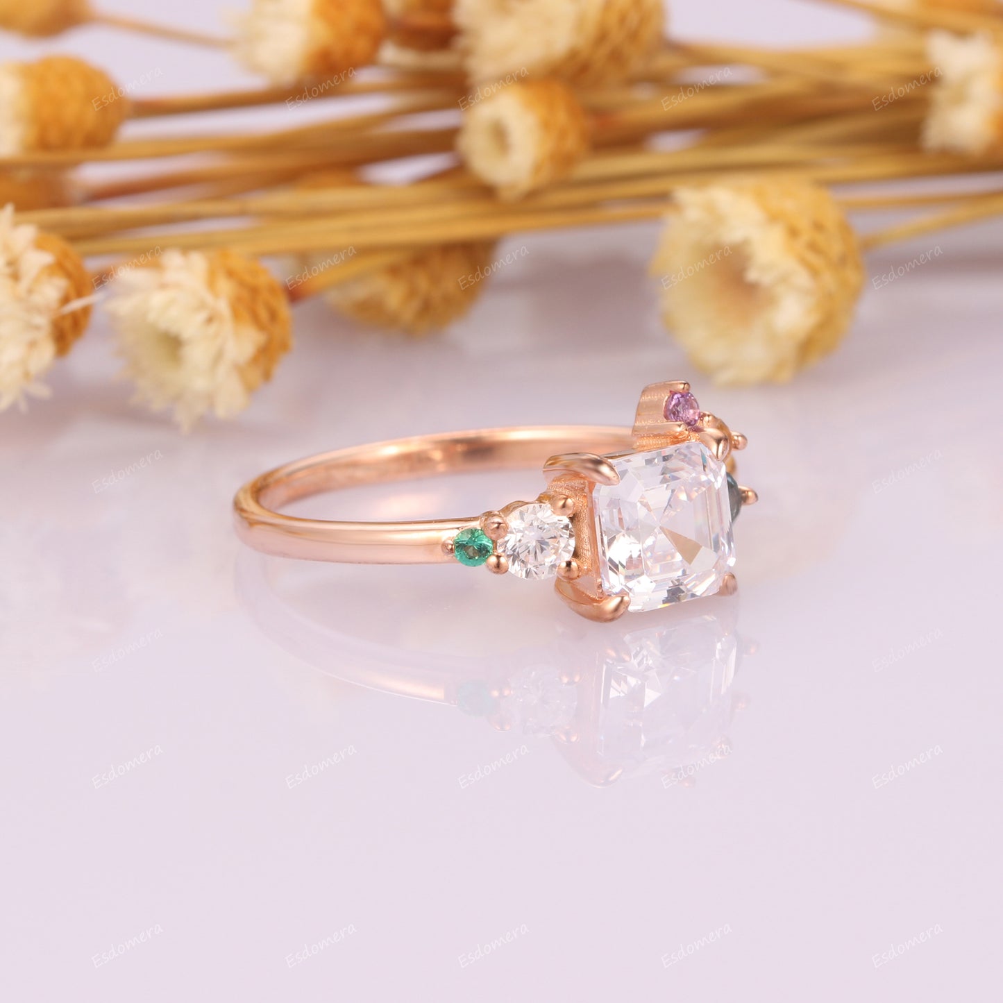 6x6mm Asscher Cut Moissanite Promise Ring, Gemstone Cluster Engagement Ring For Her, Unique 14k Rose Gold Bridal Ring