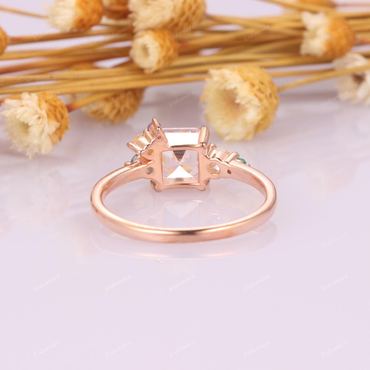 6x6mm Asscher Cut Moissanite Promise Ring, Gemstone Cluster Engagement Ring For Her, Unique 14k Rose Gold Bridal Ring