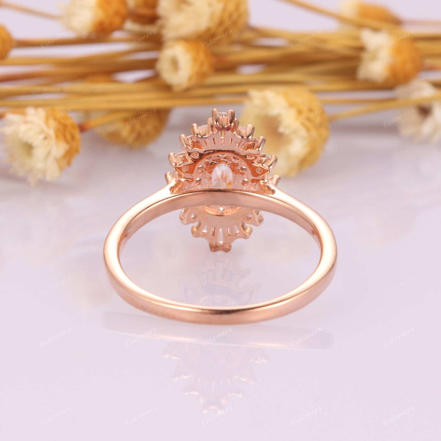 Art Deco 3x5mm Oval Cut Moissanite Engagement Ring, 0.63ctw Moissanites Double Halo Promise Ring, 14k Rose Gold Valentine Ring For Her
