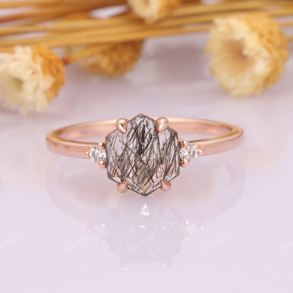 14K Rose Gold Three Stone Promise Ring For Her, 1.35CT Hexagon Cut Natural Black Rutilated Quartz Engagement Ring, Moissanite Ring