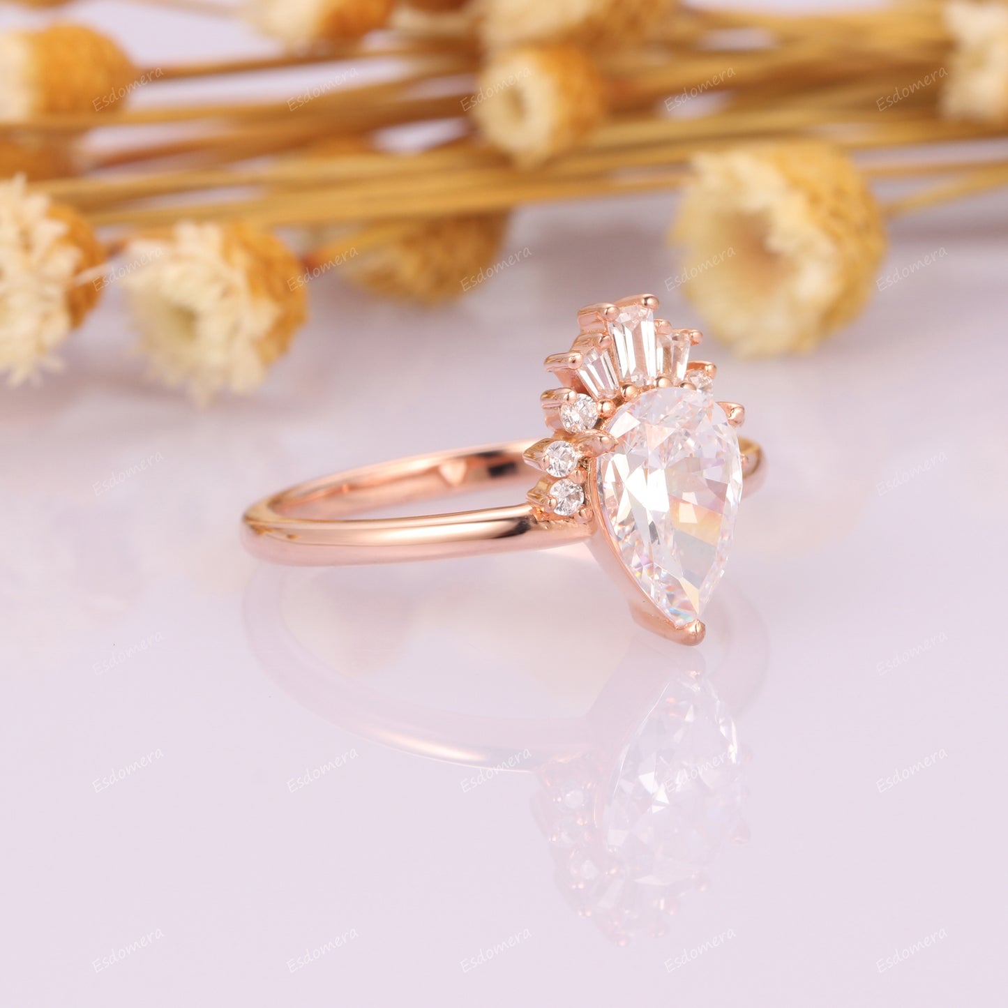 Pear Cut 6x9mm Moissanite Engagement Ring For Her, Vintage 0.25ctw Moissanites Accents Wedding Ring, 14k Rose Gold Promise Ring For Women