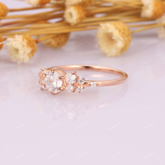 Vintage 0.50CT Round Cut Moissanite Promise Ring For Her, Sparkling 0.23ctw Moissanites Cluster Ring, 14k Rose Gold Engagement Ring For Her