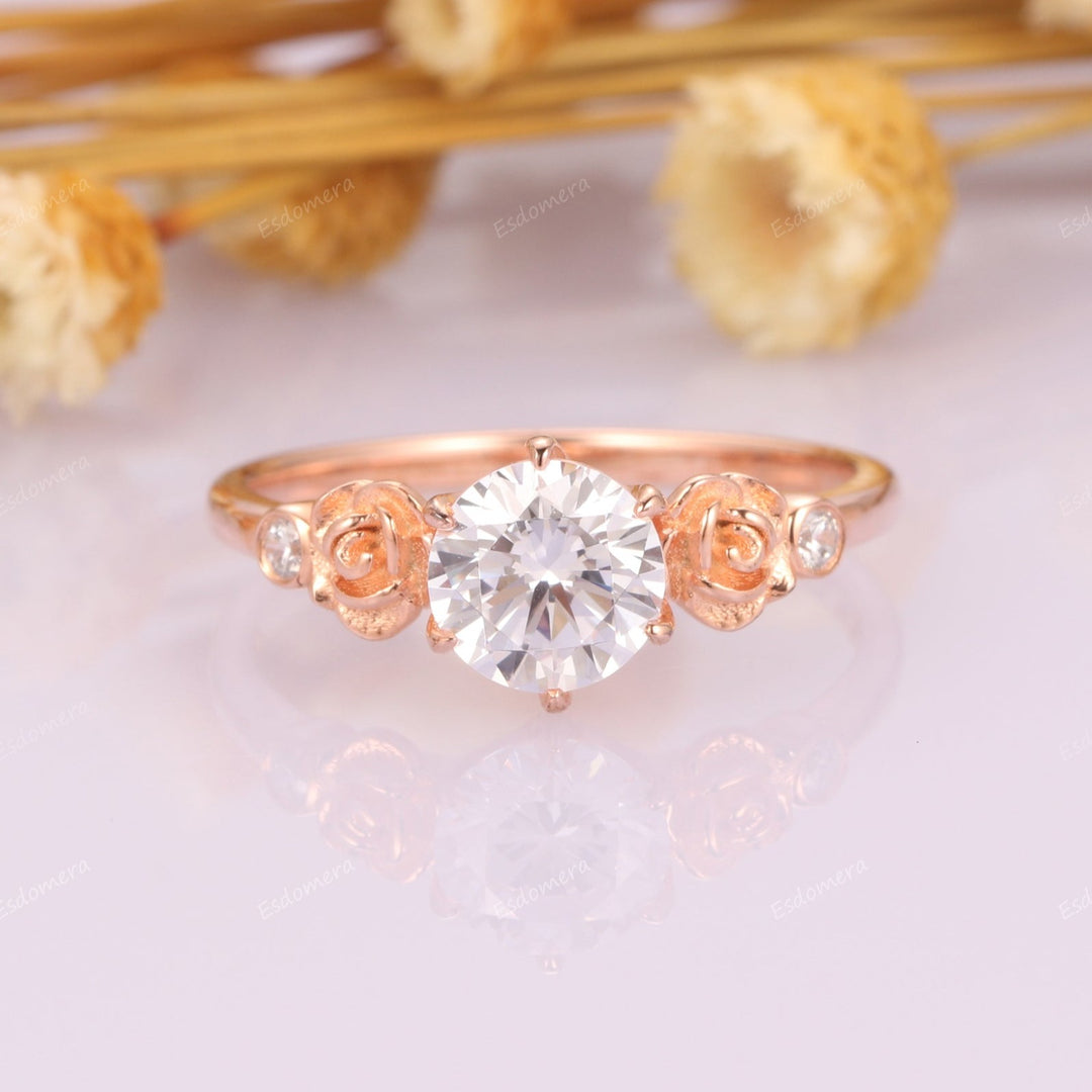 Rose Flower Promise Ring, Art Deco 1CT Round Cut Moissanite Engagement Ring, Vintage Anniversary Ring