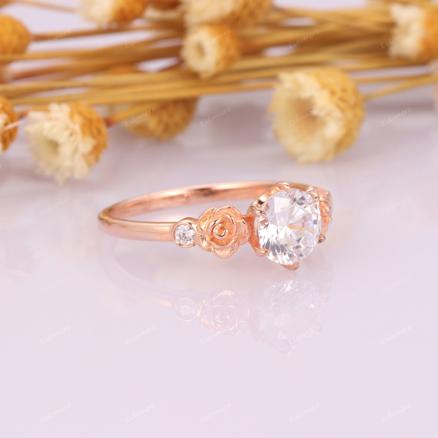 Rose Flower Promise Ring, Art Deco 1CT Round Cut Moissanite Engagement Ring, Vintage Anniversary Ring