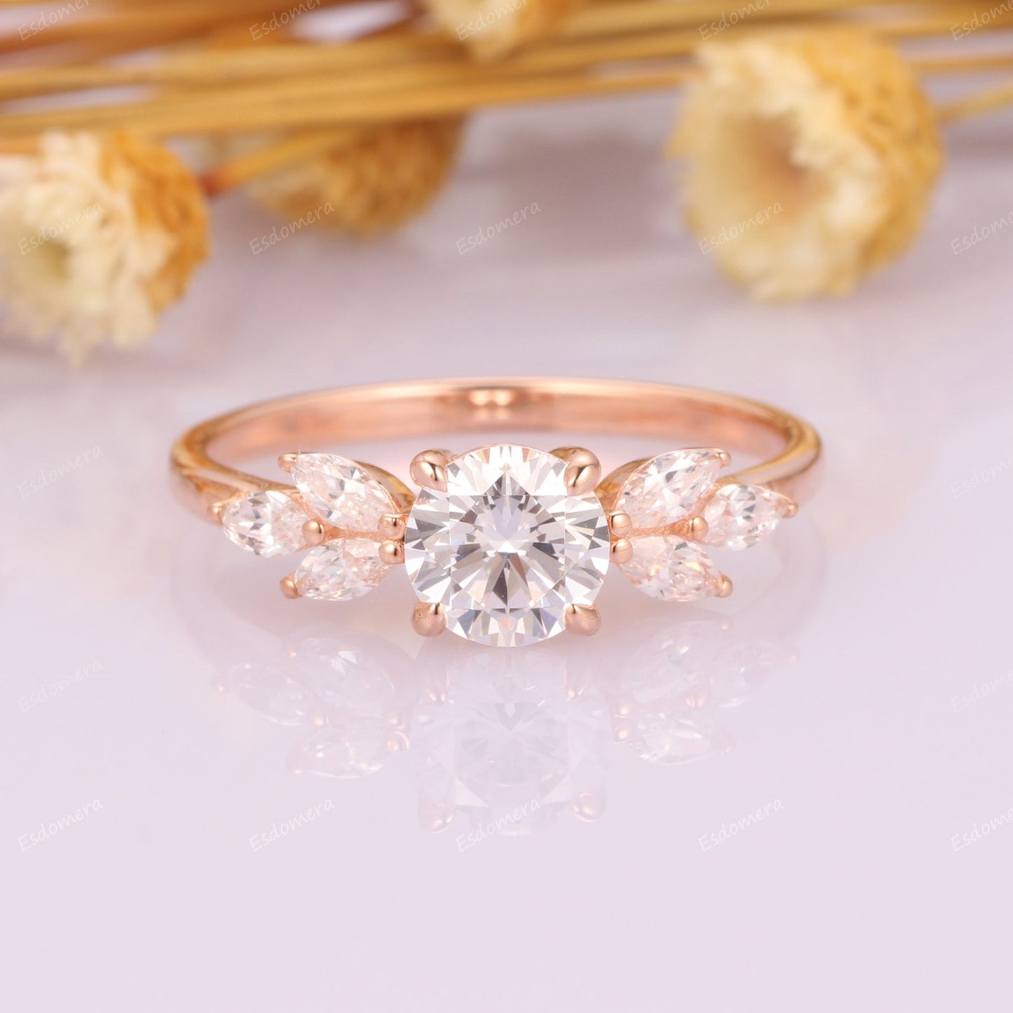 Art Deco 0.8CT Round Cut Moissanite Promise Engagement Ring, 0.48ctw Marquise Shape Moissanites Cluster Ring, 14k Rose Gold Valentine Ring For Her