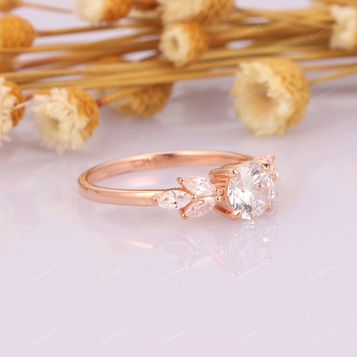 Art Deco 0.8CT Round Cut Moissanite Promise Engagement Ring, 0.48ctw Marquise Shape Moissanites Cluster Ring, 14k Rose Gold Valentine Ring For Her