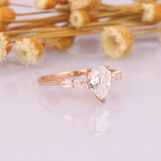 Sparkling 1.3CT Pear Cut Moissanite Anniversary Ring, Moissanites Cluster Engagement Ring, 14k Rose Gold Promise Ring For Her