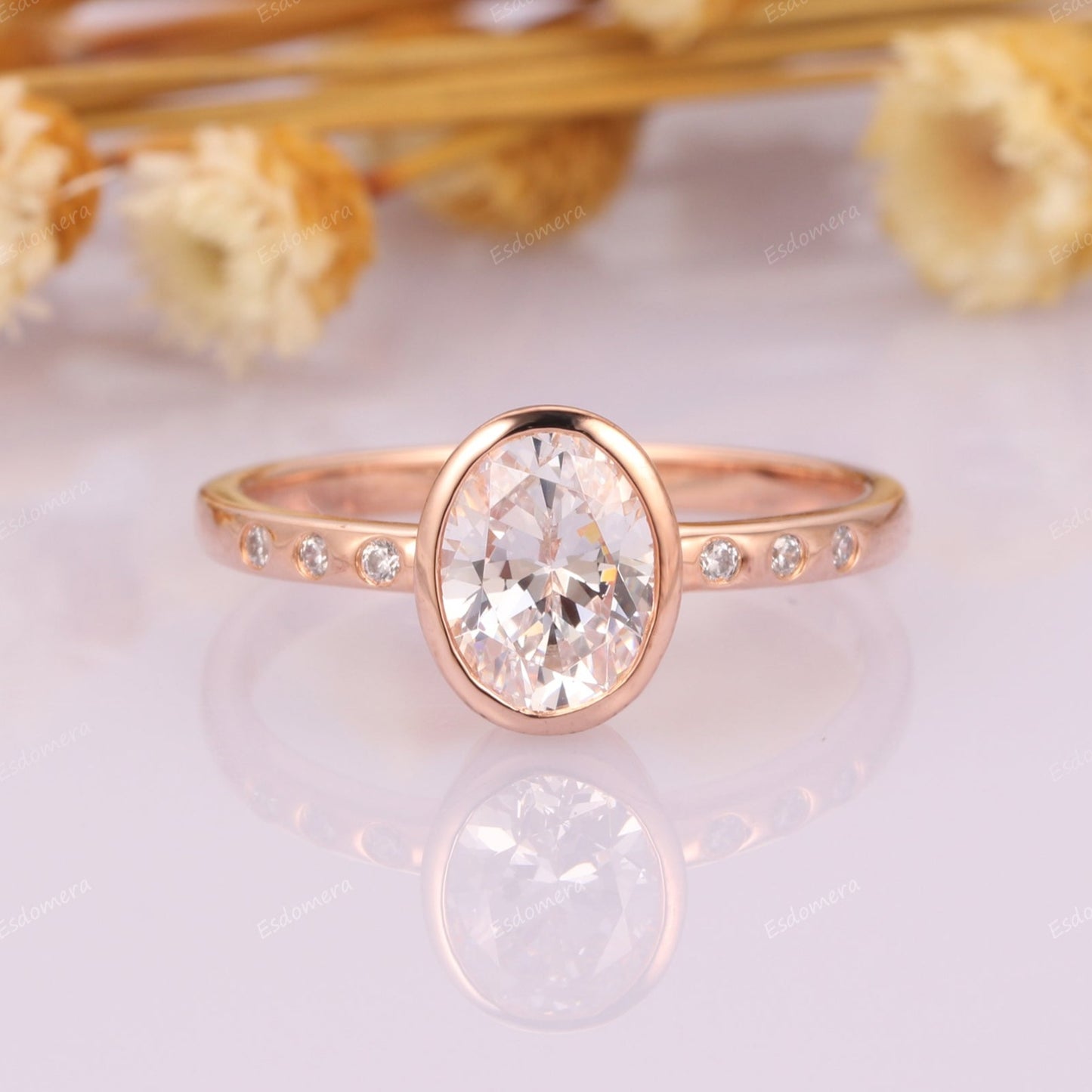 Bezel Set 6x8mm Oval Cut Moissanite Ring For Her, Art Deco Moissanites Engagement Ring, 14k Rose Gold Promise Ring