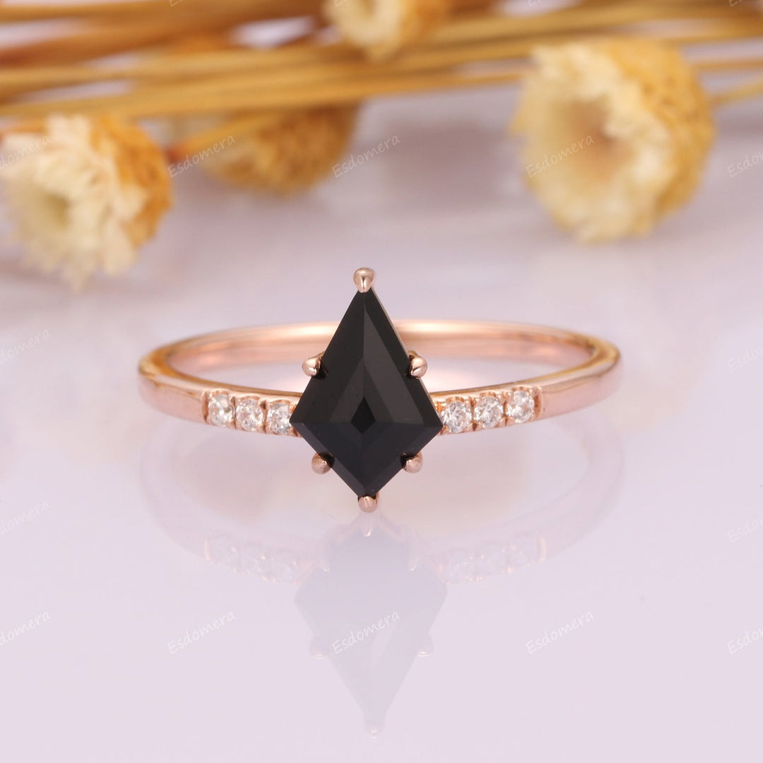 6 Prongs Kite Cut 1.35CT Black Onyx Engagement Ring, Moissanites Accents Promise Ring For Her, 14k Rose Gold Anniversary Ring For Women