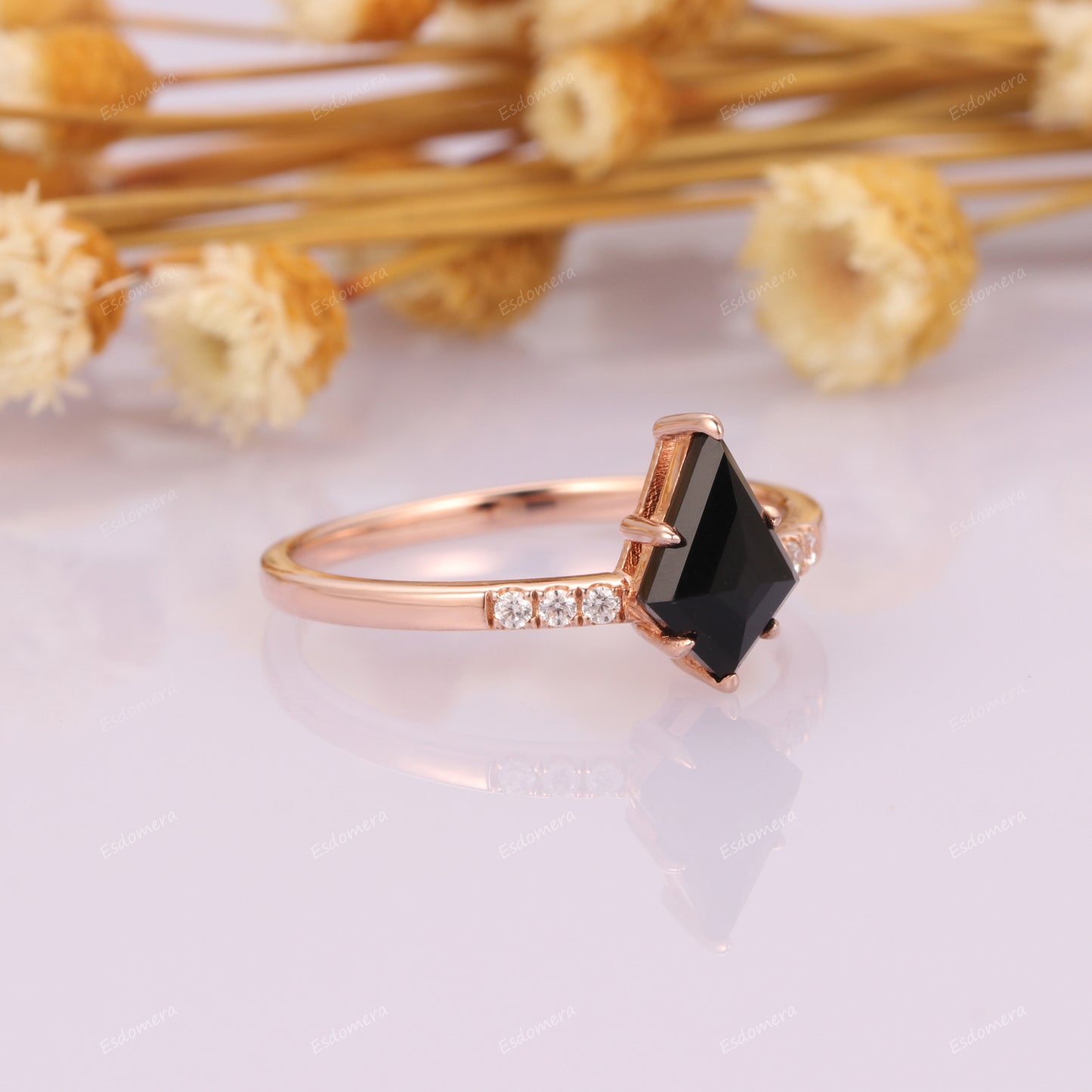 6 Prongs Kite Cut 1.35CT Black Onyx Engagement Ring, Moissanites Accents Promise Ring For Her, 14k Rose Gold Anniversary Ring For Women