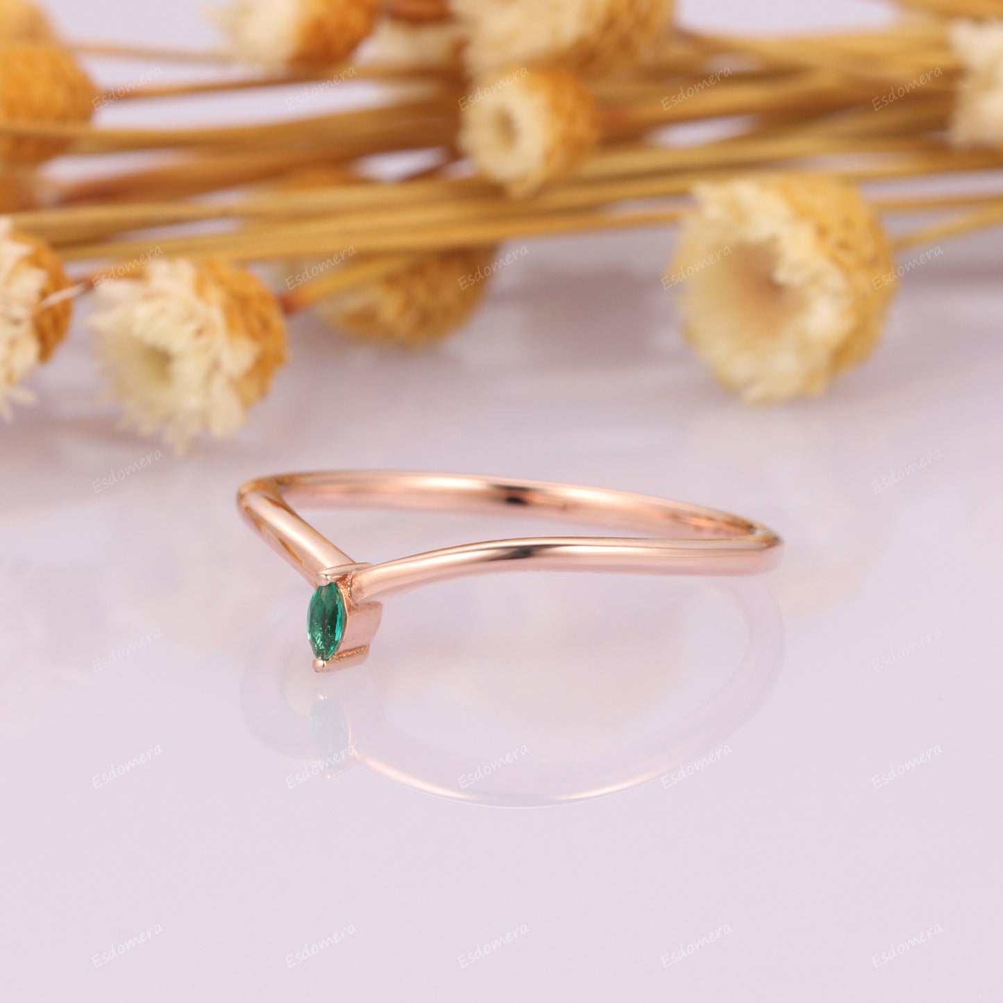 Marquise Cut Emerald Wedding Band, Minimalist Daily Wear Ring, 14k Rose Gold V Shape Matching Band