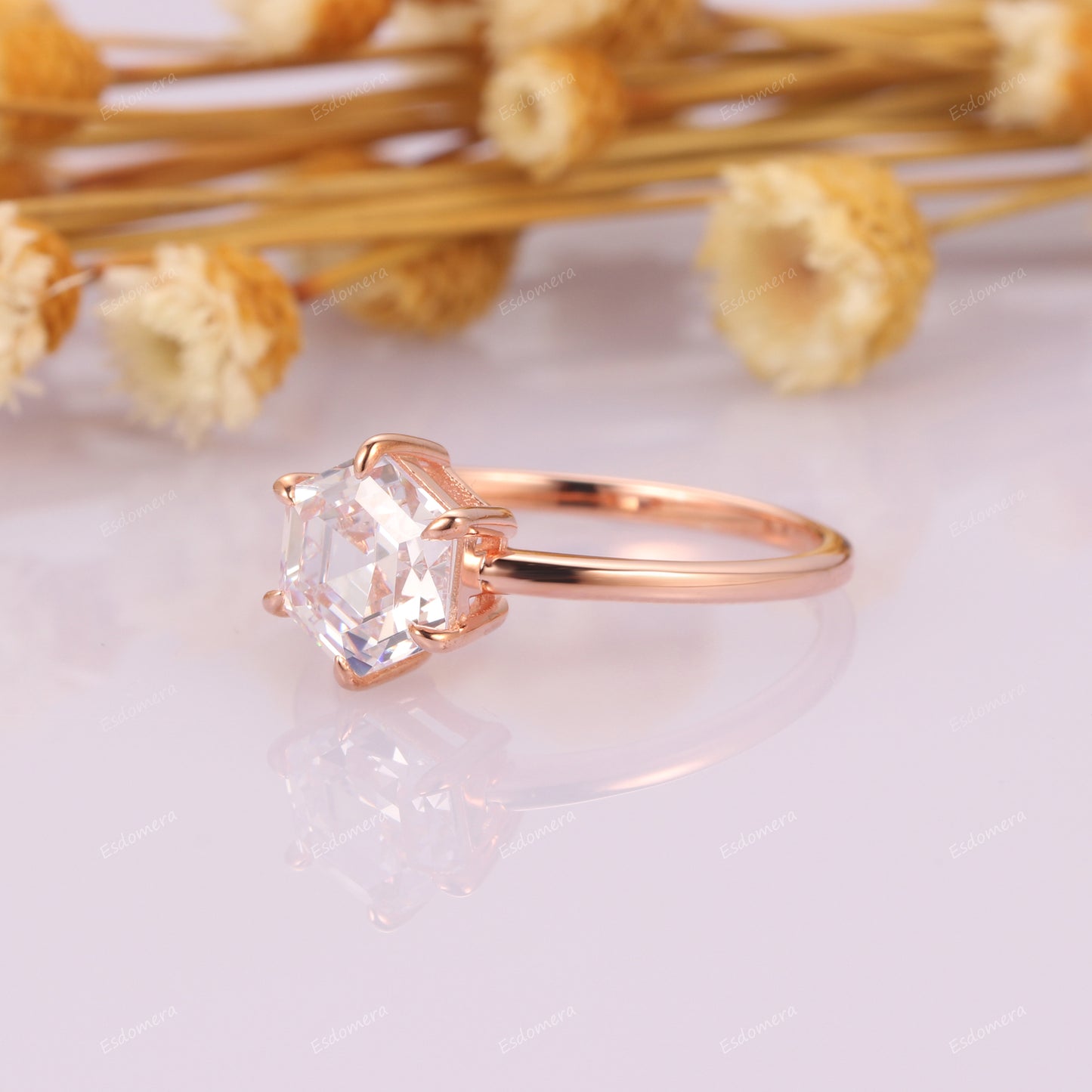 Unique Hexagon Cut 7mm Moissanite Solitaire Ring, Birthday Gift For Women, 14k Rose Gold Plain Band Engagement Ring