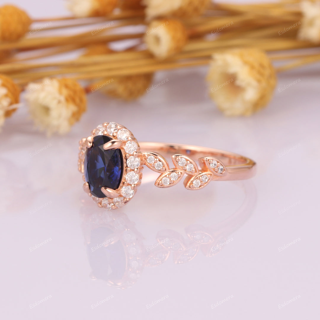 Oval Cut 5x7mm Blue Sapphire Wedding Ring, 14K Rose Gold Art Deco Leaf Vine Engagement Ring
