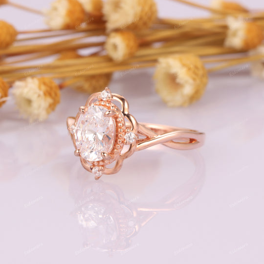 Milgrain 1.5CT Oval Cut Moissanite Wedding Ring, Antique 14k Rose Gold Cross Shank Engagement Ring, Vintage Flower Anniversary Ring For Women
