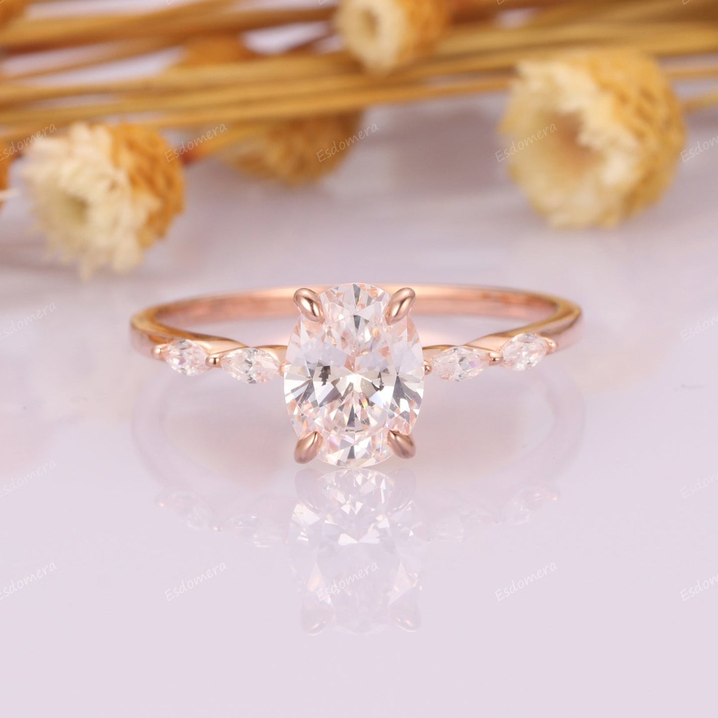 Prong Set 1.5CT Oval Cut Moissanite Promis Ring, 0.18ctw Marquise Cut Moissanites Engagement Ring, 14k Rose Gold Wedding Proposal Ring