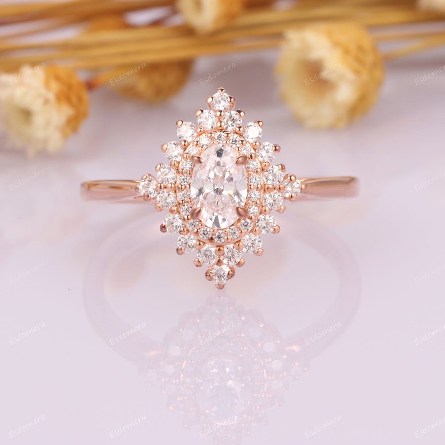4x6mm Oval Cut Moissanite Engagement Ring For Her, Art Deco Moissanites Halo Wedding Ring, 14k Rose Gold Tapered Band Anniversary Ring For Women