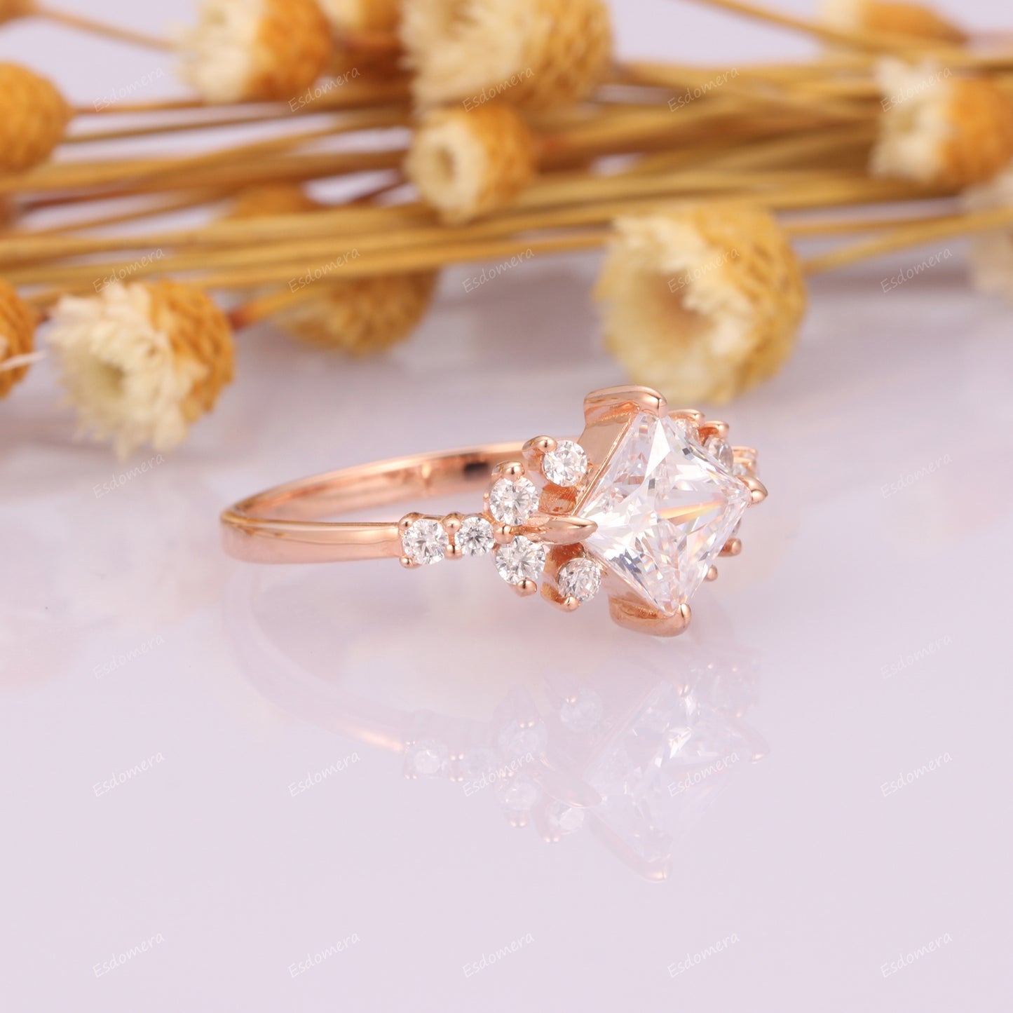 Sparkling 6x6mm Princess Cut Moissanite Anniversary Ring For Women, Round Shape Moissanites Cluster Engagement Ring, Vintage Promise Ring For Her