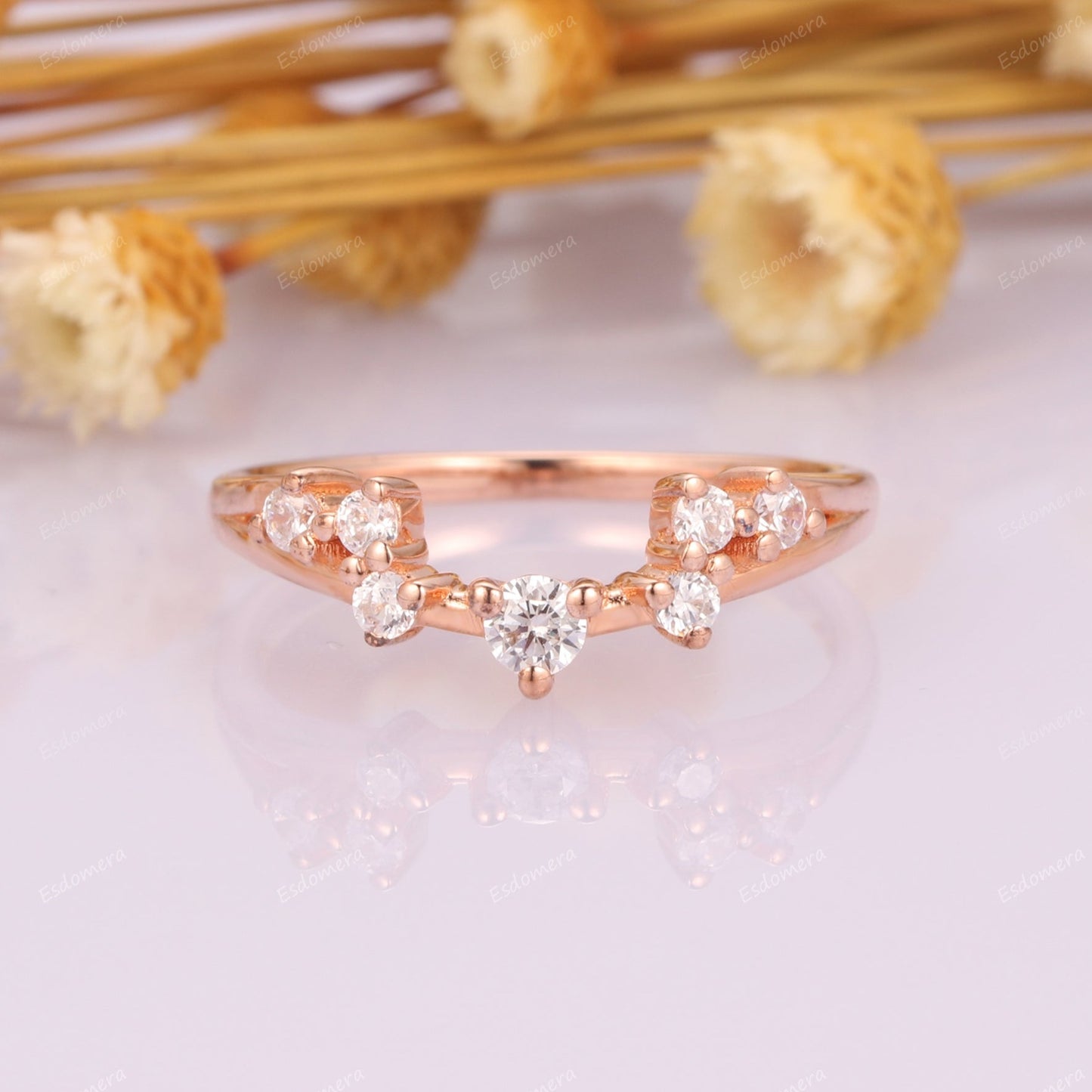 Unique Round Cut Moissanites Cluster Wedding Band, 14k Rose Gold Stackable Ring, Vintage Anniversary Ring