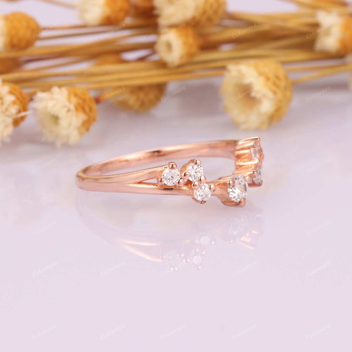Unique Round Cut Moissanites Cluster Wedding Band, 14k Rose Gold Stackable Ring, Vintage Anniversary Ring