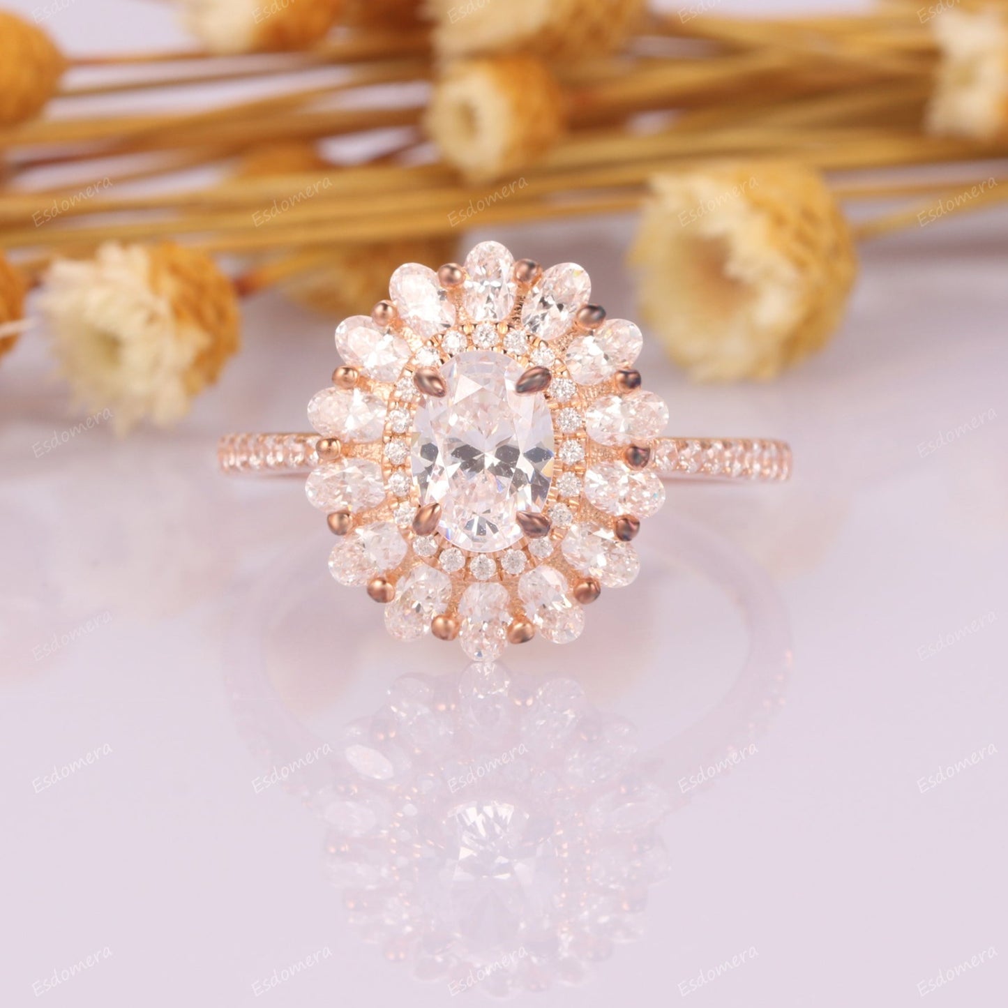 Art Deco 5x7mm Oval Cut Moissanite Engagement Ring, Flower Double Halo Promise Ring For Women, Half Eternity 14k Rose Gold Bridal Ring