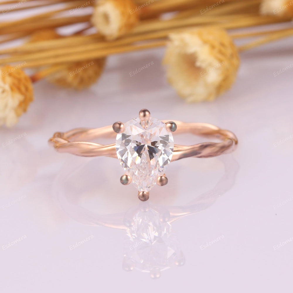 6 Prongs Pear Cut 6x8mm Moissanite Engagement Ring, Classic Promise Ring For Her, 14k Rose Gold Twisted Band Solitaire Ring