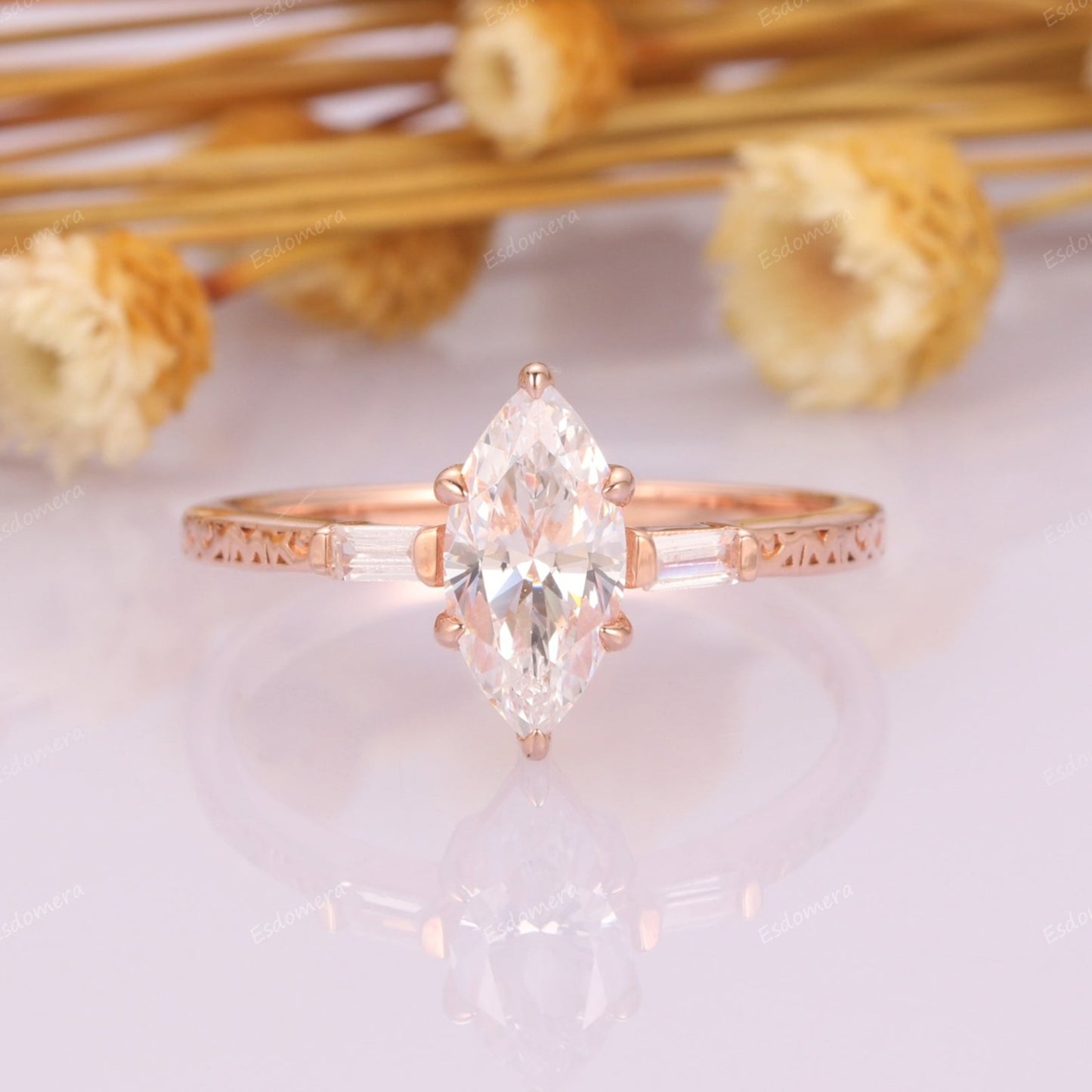 Vintage Prong Set Marquise Cut Moissanite Bridal Ring, Unique 14k Rose Gold Promise Gift, Classic Engagement Ring For Her